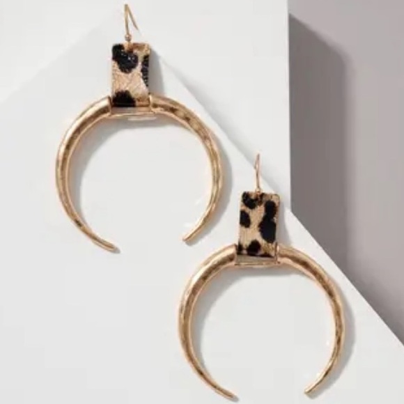 Grit and Grace Jewelry - Hammered Crescent Horn Drop Leopard Earrings